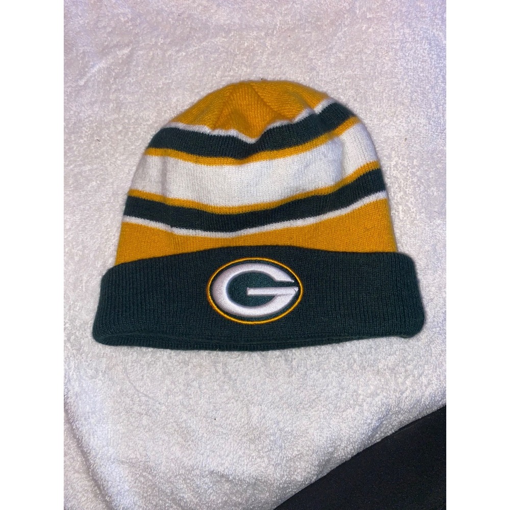 GreenBay Packers NFL Team Apparel Striped Knit Cuffed Beanie Hat OSFA Gold Green